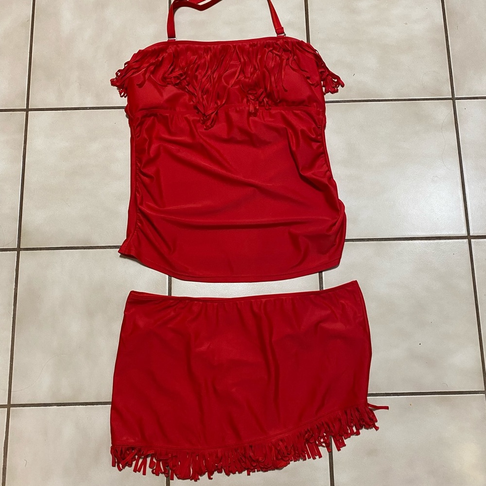 EUC! Red fringe two piece swimsuit size 16.